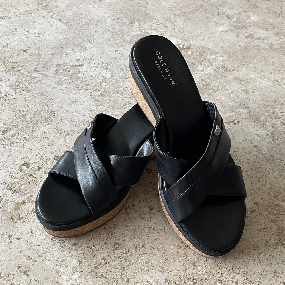 Cole Haan Black Leather Crisscross Mules